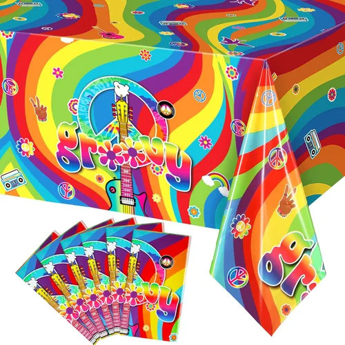 Vista 8 de Tiamon 3 manteles de plástico estilo hippie retro para mesa rectangular, decoraciones de fiesta de arco iris desechables para fiestas de los años 60