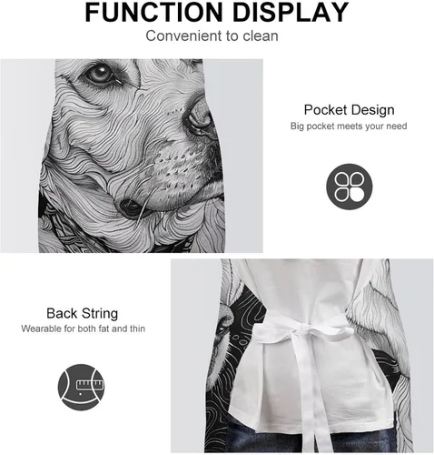 Vista 6 de MUSM Apron for Adults - 27.6 X 31.5 Inch, Heavy-Duty Polyester Aprons with Two Large Pockets, Waterproof Line Drawing Dog Kitchen Apron for Cooking