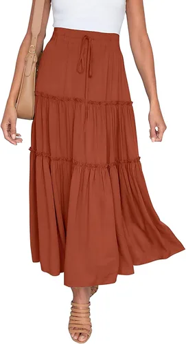 Vista 5 de Avanova Falda larga de cintura alta elástica para mujer, con volantes, estilo casual, con cintura alta