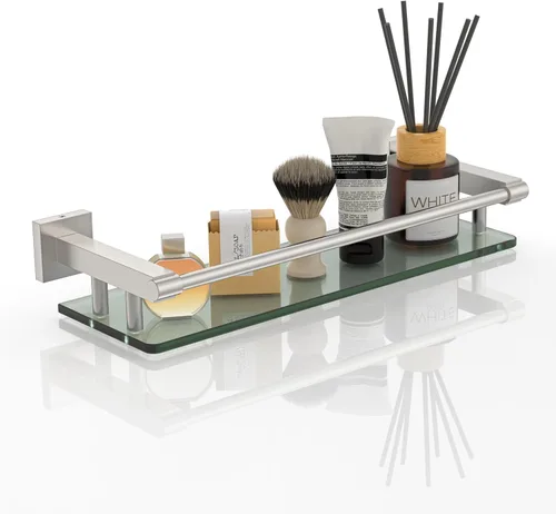 Vista 14 de Estante de vidrio para baño, estantes de baño de 20 pulgadas con toallero, estantes de vidrio templado con toallero de acero inoxidable para estante