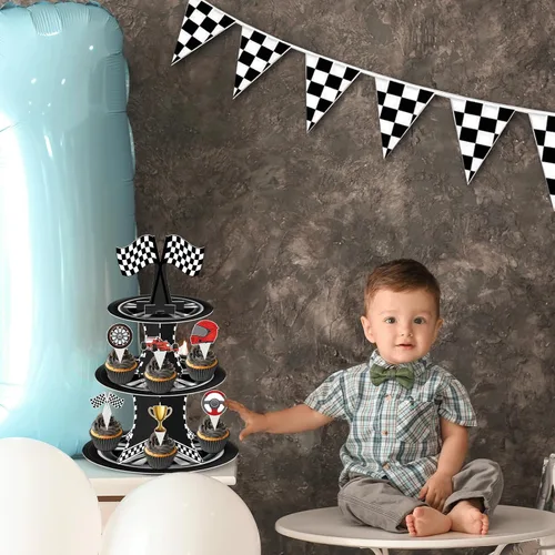 Vista 7 de Soporte para cupcakes de auto de carreras de 3 niveles con 24 adornos para tartas, decoraciones de fiesta de cumpleaños, temática de autos