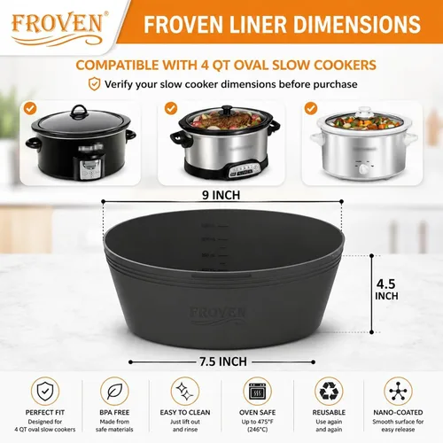 Vista 2 de FROVEN Forros de silicona para olla de cocción lenta de 4-4.5 cuartos, ovalados – Reutilizables, acolchados, con peso y resistentes. Compatibles