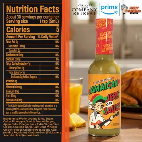 Vista 2 de Rockin' Grandma's Jamaican Jerk Sauce de Dave's Gourmet, 5 onzas líquidas - Destacado en Prime Video's Jury Duty: Company Retreat - Salsa picante