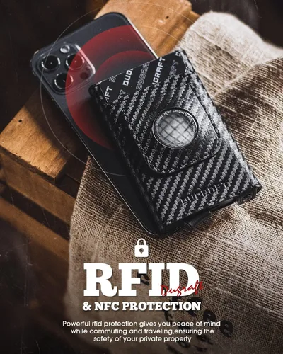 Vista 5 de DUGRAFT Cartera desplegable con soporte AirTag, cartera con bloqueo RFID con clip para dinero, cartera inteligente para tarjetas de crédito