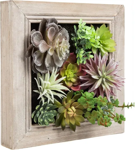 Vista 8 de Arte de pared de suculentas artificiales 3D, arreglo de flores falsas con marco floral, decoración de pared para decoración de habitación, fondo