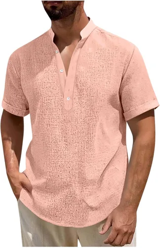 Vista 12 de Camisa hawaiana para hombre, manga corta, cuello en V, cuello en V, camisas de lino con botones, camisetas de crucero, camisetas casuales bohemias