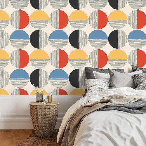 Vista 3 de VEELIKE Papel tapiz geométrico moderno para despegar y pegar, papel tapiz geométrico bohemio de mediados de siglo para dormitorio y baño, 17.7 x 118