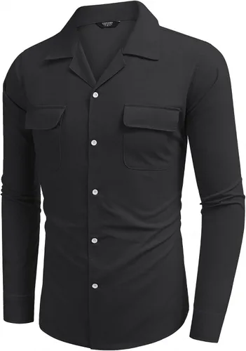 Vista 4 de COOFANDY Camisa de lino de manga larga para hombre, casual, con botones, cuello de campamento, con 2 bolsillos
