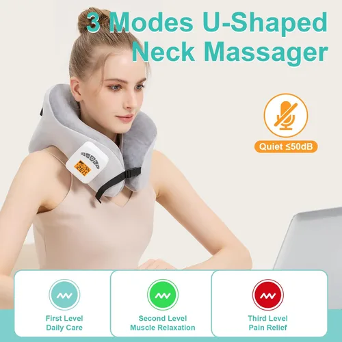 Vista 6 de AOBOCO Masajeador de cuello inalámbrico con calor, almohada de cuello calentada recargable de 5000 mAh para viajes, relajación de cuello, almohada