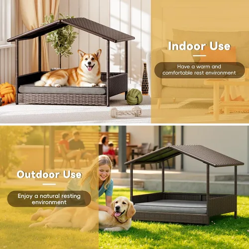 Vista 7 de Greesum Casa de mimbre para perros pequeños/medianos, cama elevada para perros al aire libre e interior con cojín, para terraza, patio, piscina