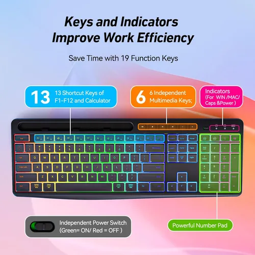 Vista 5 de Combo de teclado y mouse inalámbricos con retroiluminación, 2.4G de tamaño completo, ergonómico, recargable, teclado de computadora con soporte