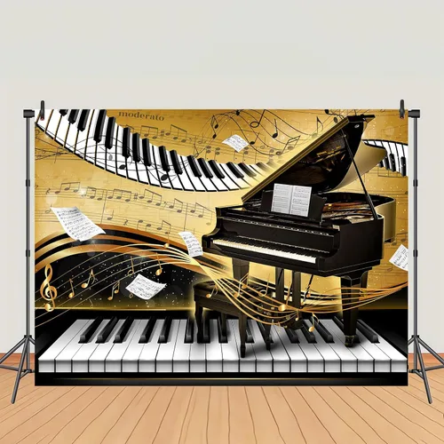 Vista 2 de Telón de fondo con tema de piano de 7 x 5 pies, notas musicales doradas, fondo de foto, tema musical, decoración de fiesta de cumpleaños, pancarta
