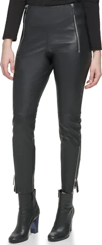 Vista 6 de Karl Lagerfeld Paris Pantalones de cuero elástico con cremallera para mujer con detalle de puntada superior