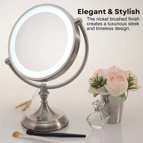 Vista 4 de OVENTE Espejo de maquillaje de mesa iluminado de 9 pulgadas con aumento 1X/5X, espejo de tocador de aumento de doble cara con luces LED regulables