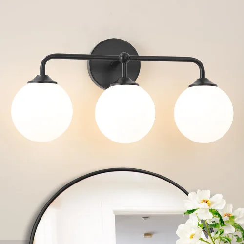 Vista 11 de Luces modernas de tocador de baño de níquel cepillado de 2 luces, accesorios de iluminación de baño sobre espejo con pantalla de globo de vidrio