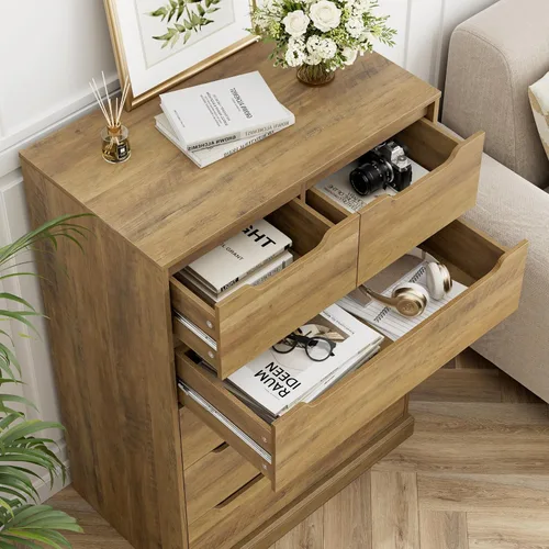 Vista 5 de HOSTACK Cómoda moderna de 6 cajones para dormitorio, cómoda alta con almacenamiento, organizadores de cofre grande de almacenamiento de madera