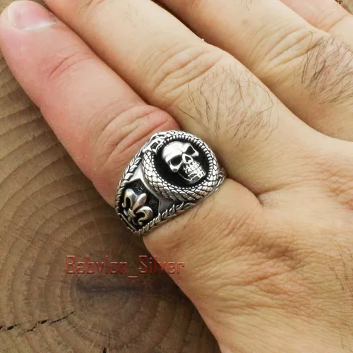 Vista 6 de Anillo de plata de ley 925 maciza estilo retro gótico con calavera de motociclista turca para hombre