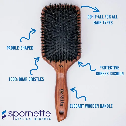 Vista 5 de Spornette Deville Cushion Paddle Brush - Cepillo de cerdas de jabalí con mango de madera, para alisar, alisar, desenredar, peinar y cepillar