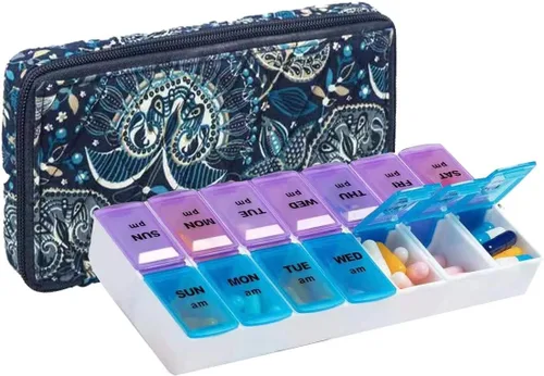 Vista 23 de Organizador Semanal de Pastillas 2 Veces al Día, Pastillero Zumd de 7 Días con Bonita Funda de Tela Acolchada con Cremallera, Estuche de Pastillas