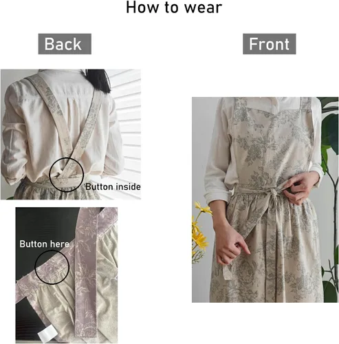 Vista 3 de Delantal de cocina floral de algodón impermeable para mujer, delantal ajustable con bolsillos, estilo vintage para cocinar y hornear