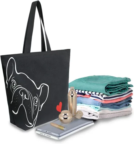 Vista 4 de ALAZA - Linda bolsa de lona grande con diseño de bulldog pug negro francés, reutilizable, para compras, con asas, resistente, lavable Multi 13