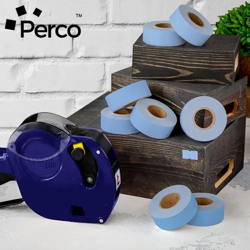 Vista 5 de Etiquetas azules Perco de 1 línea - 8 rollos, 1 funda, 8,000 etiquetas en blanco para pistolas de precio y fecha de 1 línea Perco - Fabricadas
