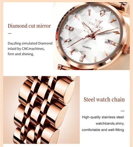 Vista 4 de OLEVS Reloj de mujer con diamantes de lujo, reloj de pulsera de oro rosa, de acero inoxidable, luminoso, impermeable, con fecha