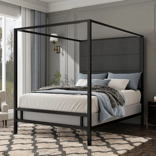 Vista 18 de Cama de Plataforma con Dosel de 4 Postes de Lujo Moderna Tamaño Queen con Cabecera Alta Tapizada en Terciopelo, Marco de Cama de Plataforma