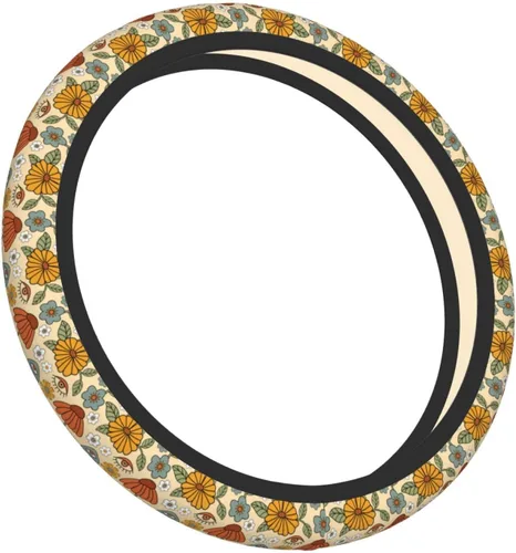 Vista 2 de Funda de volante vintage floral hippie de los 70, diseño de hongo retro, cubierta de volante de neopreno antideslizante para mujeres, hombres