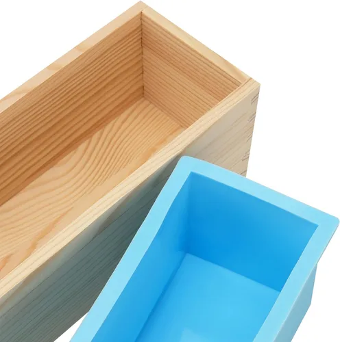 Vista 3 de Juego de 3 moldes de jabón de silicona de 42 onzas, kit de moldes de barra rectangular para hacer jabón con cajas y tapas de madera, moldes de jabón