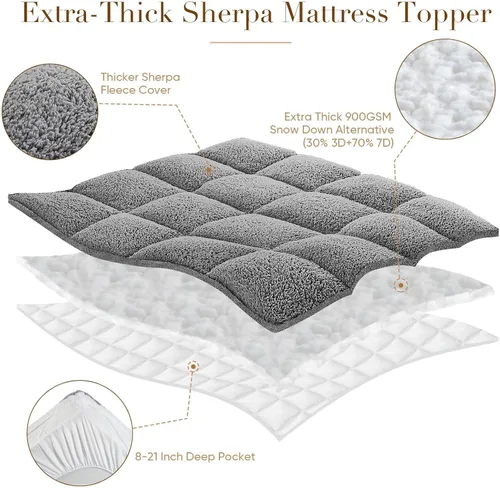 Vista 8 de Cymula Cubrecolchón California King, Almohadilla de Colchón Sherpa para Cama Cal King con Plumón de 900GSM para Dolor de Espalda, Cubierta