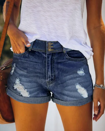 Vista 2 de Magritta Pantalones cortos de mezclilla para mujer, cintura media, dobladillo plegado, pantalones cortos de mezclilla rasgados