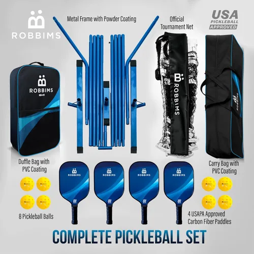 Vista 2 de Juego de pickleball con red 4 paletas de fibra de carbono aprobadas por Pickleball de Estados Unidos, sistema de red portátil de tamaño regulador