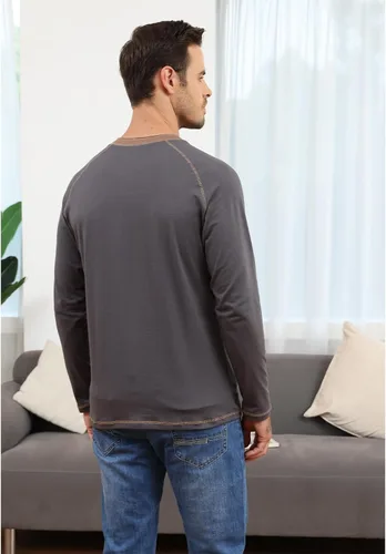 Vista 3 de Aulemen Camisa Henley de manga larga para hombre, casual, ligera, de algodón, básica, manga raglán