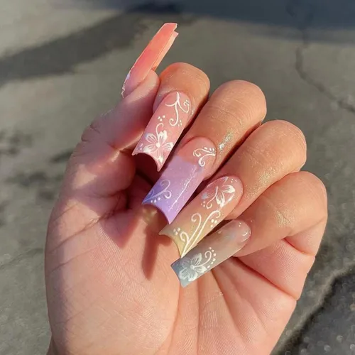 Vista 13 de 24 uñas postizas a presión de punta francesa negra, uñas postizas largas cuadradas, color rosa, cobertura completa, con diamantes de imitación, L1.