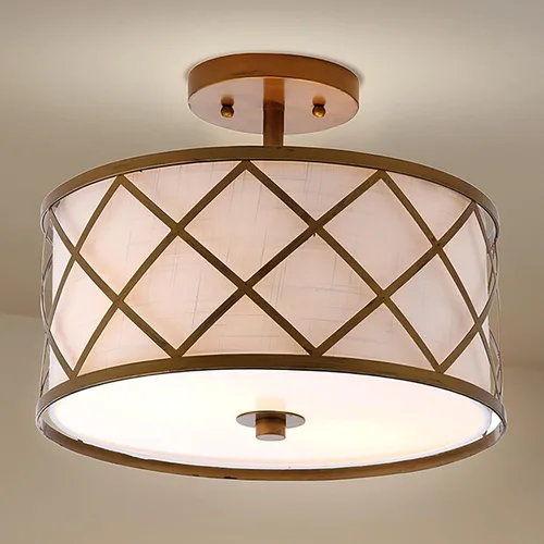 Vista 7 de JONATHAN Y Lámpara de techo LED de metal dorado de 13.25 pulgadas, lámpara de tambor de celosía moderna con pantalla de lino blanco, 2 luces