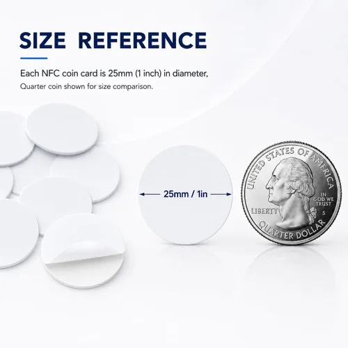 Vista 4 de 50 tarjetas de monedas NFC, tarjetas NFC NTAG215 en blanco, chip NFC rewitable de 0.984 in/1 pulgada, 215 tarjetas redondas con parte trasera