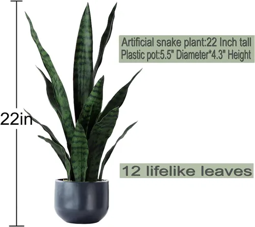 Vista 2 de Beebel Sansevieria - Plantas artificiales de serpiente con maceta de plástico negro, plantas falsas perfectas de agave artificial en maceta