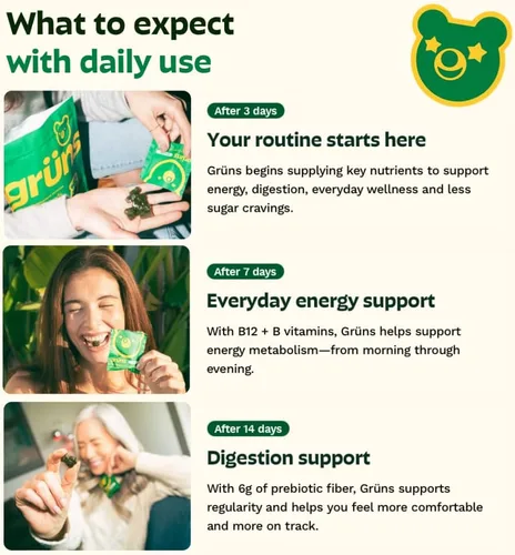 Vista 4 de Gruns - Gomitas Super Greens para Adultos, Ositos de Goma Multivitamínicos de Superalimentos, Espirulina, Clorela, Prebióticos y Gomitas de Fibra