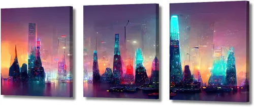 Vista 71 de Cuadros de 3 paneles de Cyberpunk City - Arte de pared de vallas publicitarias de edificios modernos en la capital con obras de arte modernas