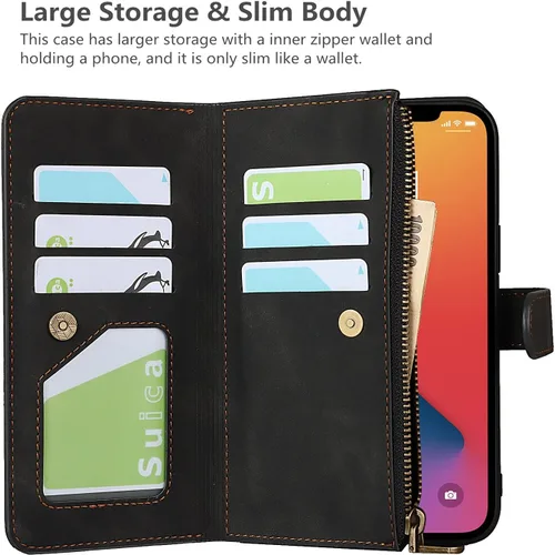 Vista 4 de iCoverCase Compatible con iPhone 13 - Funda tipo cartera para teléfono con tarjetero, piel sintética, bolsillo con cremallera, magnética