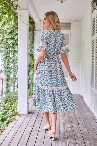 Vista 3 de GRACE KARIN Vestido largo bohemio con cuello en V para mujer, manga corta, fruncido, escalonado, cintura imperio, con volantes, para la playa