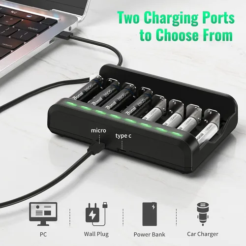 Vista 5 de BONAI Juego de cargador de baterías recargables AA AAA, paquete de 4 baterías AA de 2800 mAh y 4 unidades de 1100 mAh AAA NiMH con cargador