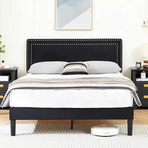 Vista 3 de Marco de cama de plataforma tamaño completo con cabecera tapizada ajustable, base de colchón moderna, soporte fuerte de listones de madera,