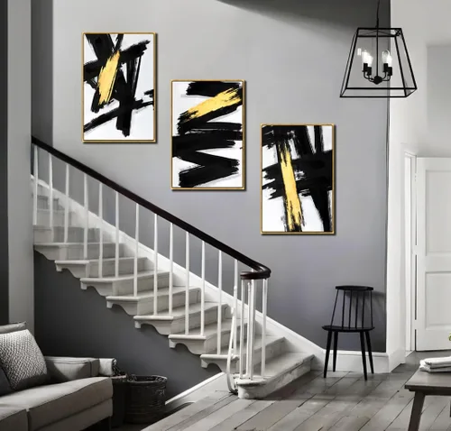 Vista 5 de Sofoney - Lienzo abstracto enmarcado en oro negro y dorado, impresiones artísticas 3D texturizadas con pinceladas negras con lámina dorada