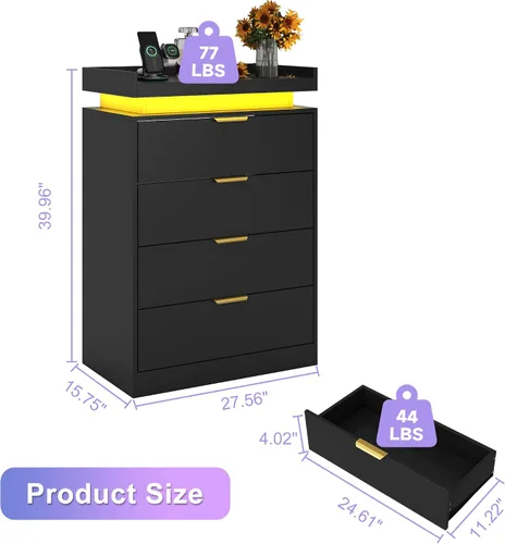 Vista 2 de UNIQUITE Cómoda negra con luces LED y toma de corriente, cómoda alta de madera con 4 cajones para dormitorio, cómoda moderna para dormitorio