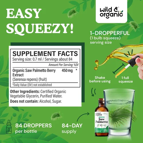 Vista 3 de Wild & Organic Gotas de Extracto de Saw Palmetto - Apoyo Urinario - Saw Palmetto para Hombres y Mujeres - Suplemento Líquido de Bayas de Serenoa