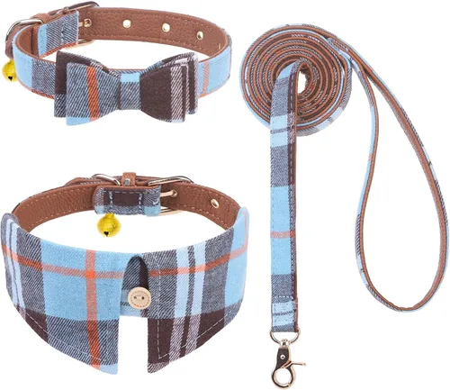 Vista 8 de EXPAWLORER Juego de collar y correa para cachorros, collar clásico a cuadros para perros pequeños con corbatín, bonito juego de collar y correa