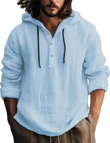 Vista 15 de Camisas de lino para hombre, ligeras, con botones, de manga larga, con capucha, ajuste regular, de algodón, para la playa