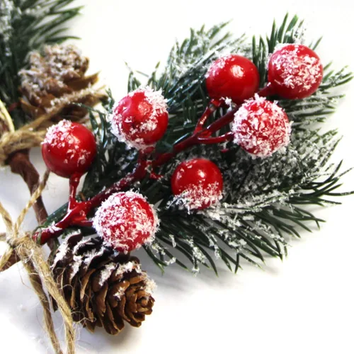 Vista 2 de Paquete de 20 ramas de piñas artificiales de Navidad, ramas de pino de 5.9 pulgadas, tallos de bayas de acebo blanco, ramas de pino, tallos de bayas